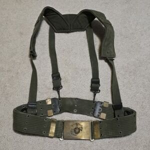 VTG USMC M1956 Horizontal Weave LBE OD Web Belt Size L Suspenders Brass Buckle